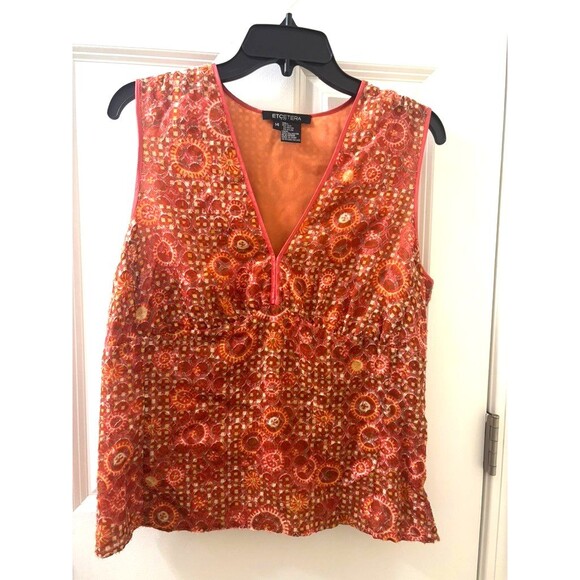Etcetera Silk Sleeveless Blouse Size 14 orange abstract pattern v neck - Picture 1 of 10